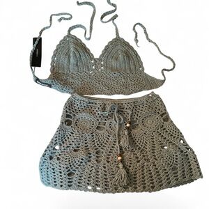 Allegra K Olive Crochet Bikini Set